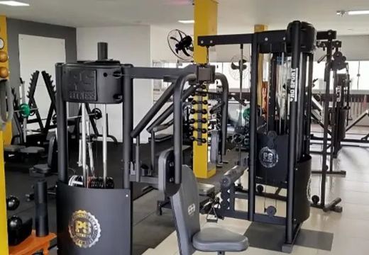 Aparelhos de musculação e pesos livres.