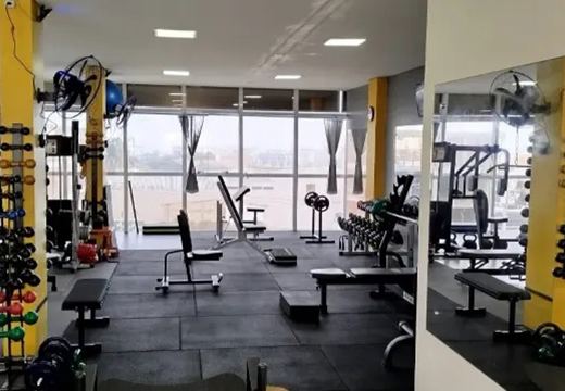 Sala de treino com espelhos e pesos livres.