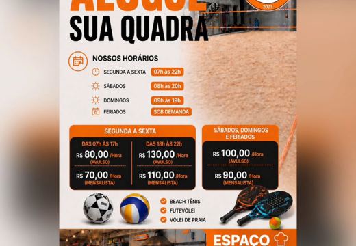 Tabela de locação avulsa e para mensalistas, horários de funcionamento e espaço gourmet.