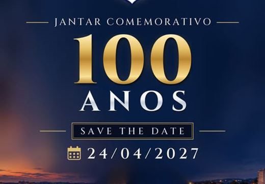 Fachada do Paladino Tênis Clube à noite, em material do jantar de centenário previsto para 24 de abril de 2027.